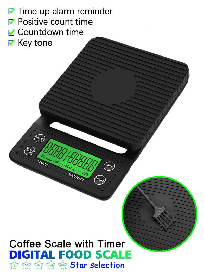 Syarme Digital Food Scale, Coffee Scale 5KG/0.1g (g/oz/lb/ml) High Precision Digital Kitchen Scale with Timer for Brewing Coffee/Cooking/Baking etc, Including Battery and Cleaning Brush, Black - Image 2