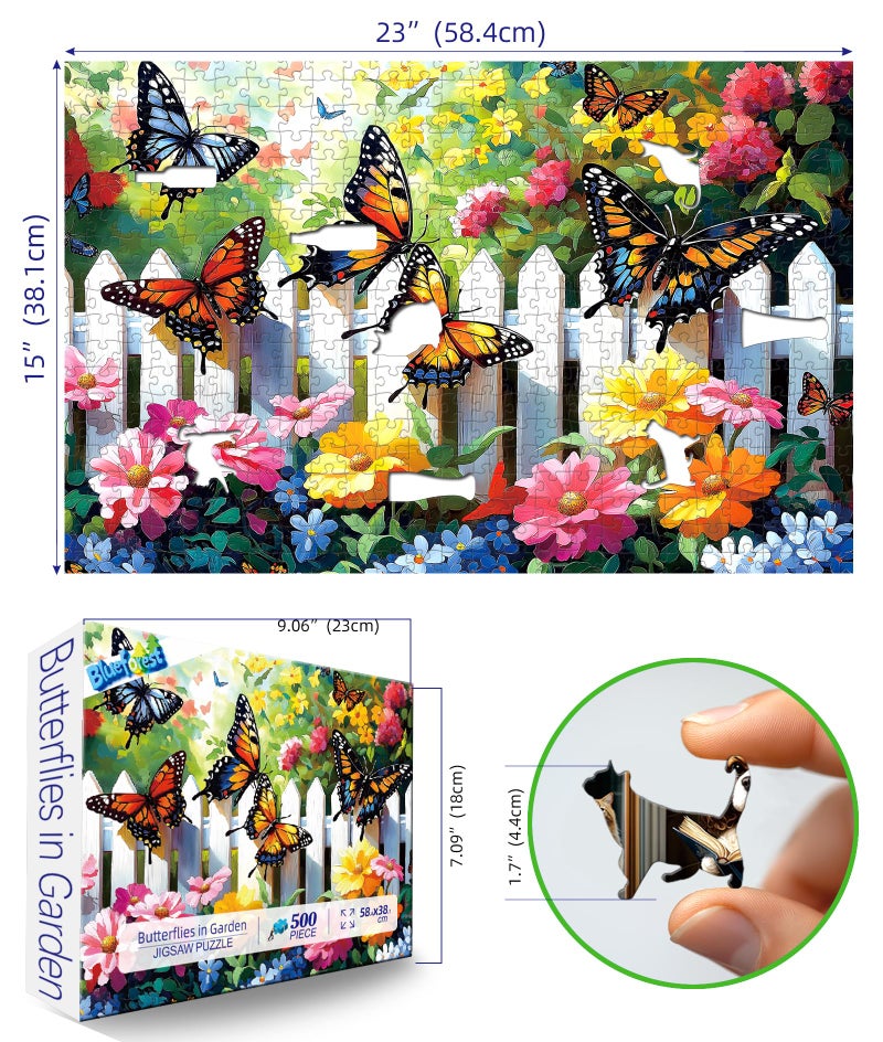 Blueforest 500-Piece Jigsaw Puzzle for Adults Butterfly Garden Spring Colorful Flowers 500pc Adult Puzzles Nature-Themed Flower Puzzle, Challenging Yet Relaxing Activity, Gift for Puzzle Lovers(23"x15") - Image 2