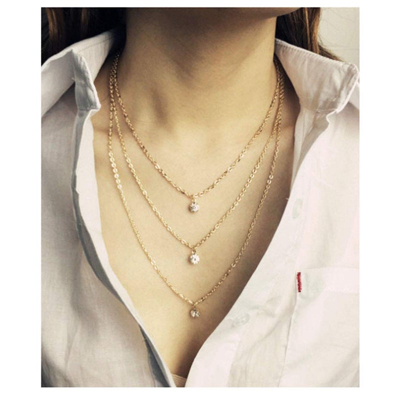 Artmiss Rhinestones Layered Necklace Women Simple Double Multilayer Pendant Necklace for Women (Gold) - Image 5