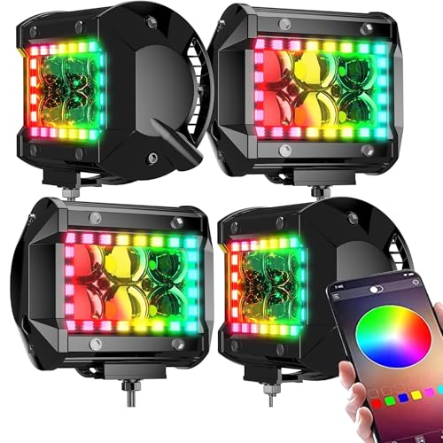 FEELON 4PCS 4" inch LED Spot Work Light Bar with Multi-Color Chasing RGB Halo 16 Solid Colors Over 92 Flashing Modes Offroad Pods Lights LED Driving Lamp Fog Lights with Switch and Wiring Harness - Image 1