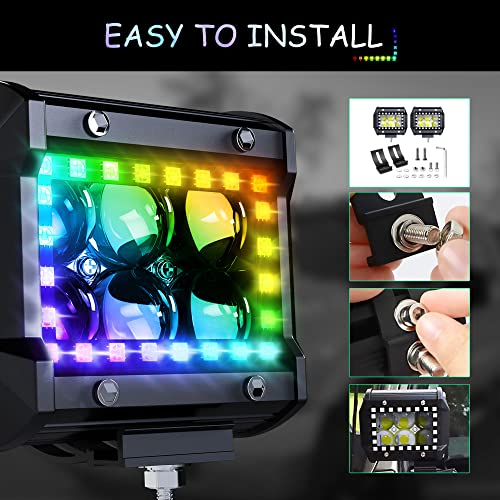 FEELON 4PCS 4" inch LED Spot Work Light Bar with Multi-Color Chasing RGB Halo 16 Solid Colors Over 92 Flashing Modes Offroad Pods Lights LED Driving Lamp Fog Lights with Switch and Wiring Harness - Image 5