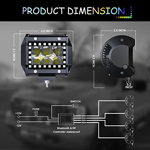 FEELON 4PCS 4" inch LED Spot Work Light Bar with Multi-Color Chasing RGB Halo 16 Solid Colors Over 92 Flashing Modes Offroad Pods Lights LED Driving Lamp Fog Lights with Switch and Wiring Harness - Image 2