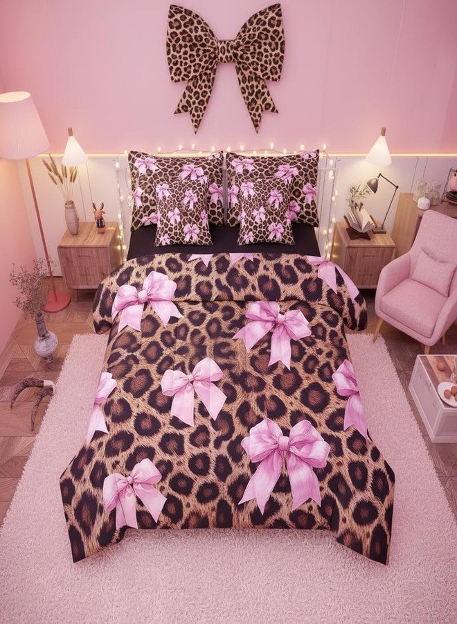 Man Fei Manfei Girls Pink Bow Comforter Set 7 PCS,Rustic Leopard Print Bed Set,Safari Animals Skin Bedding Bed in a Bag Soft,Twin (1 Comforter,2 Pillowcase,2 Pillow Covers,1 Flat Sheet,1 Fitted Sheet) - Image 1