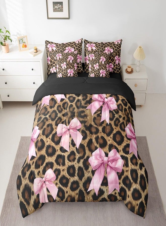 Man Fei Manfei Girls Pink Bow Comforter Set 7 PCS,Rustic Leopard Print Bed Set,Safari Animals Skin Bedding Bed in a Bag Soft,Twin (1 Comforter,2 Pillowcase,2 Pillow Covers,1 Flat Sheet,1 Fitted Sheet) - Image 3
