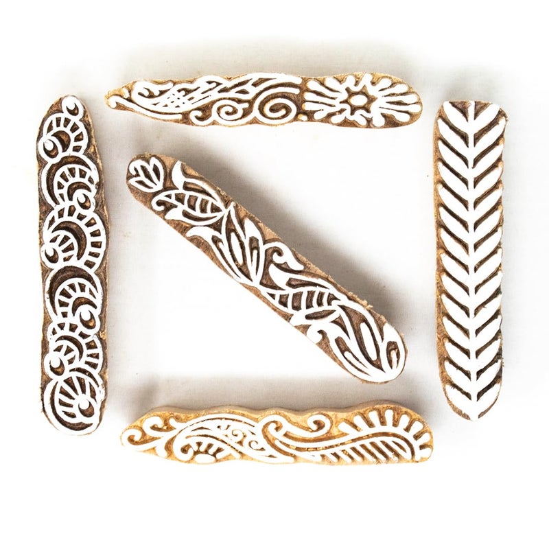 TWOGRAMS | Set of 5 | Wooden Stamp Block, Printing Stamp Design Set | Block for Printing Saree Border | Dresses, Craft Card Making, Scrapbook, Clay Pottery - Image 1