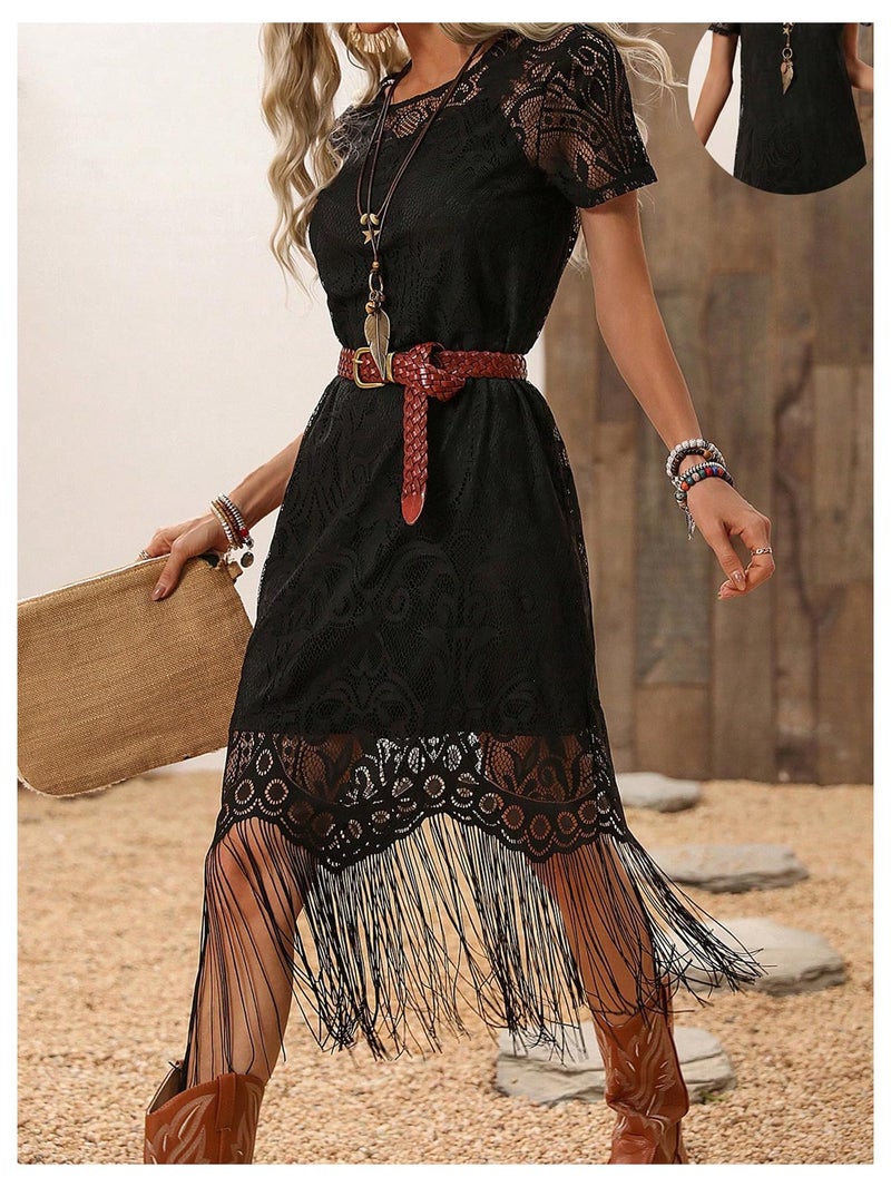 WDIRARA Women's Western Concert 2 Piece Outfits Short Sleeve Sheer Fringe Dress and Cami Dress Set Black X-Large - Image 5