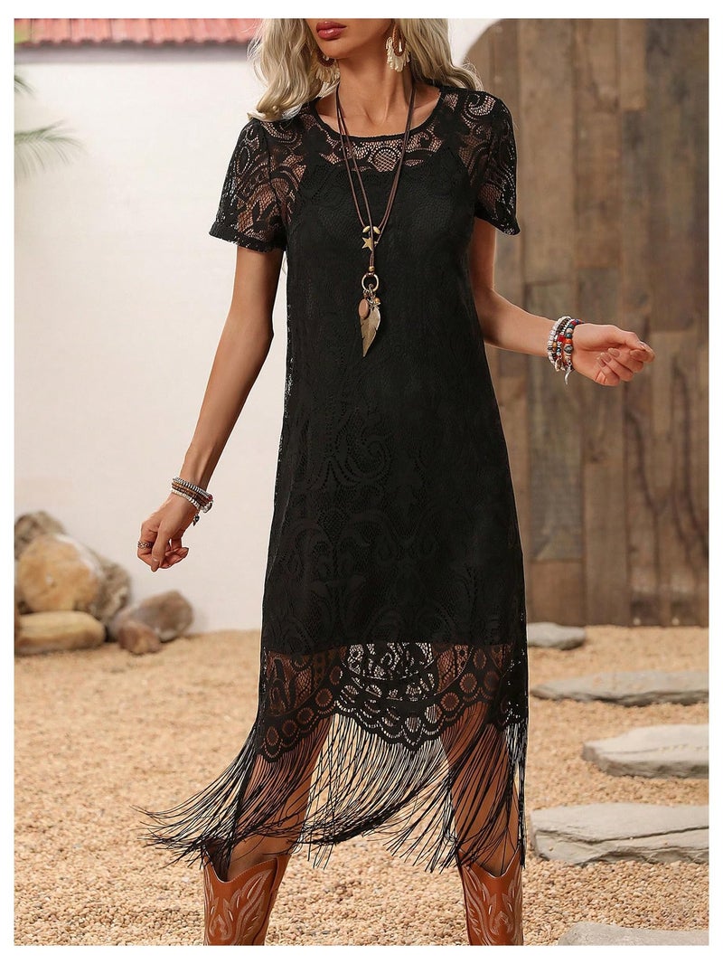WDIRARA Women's Western Concert 2 Piece Outfits Short Sleeve Sheer Fringe Dress and Cami Dress Set Black X-Large - Image 2