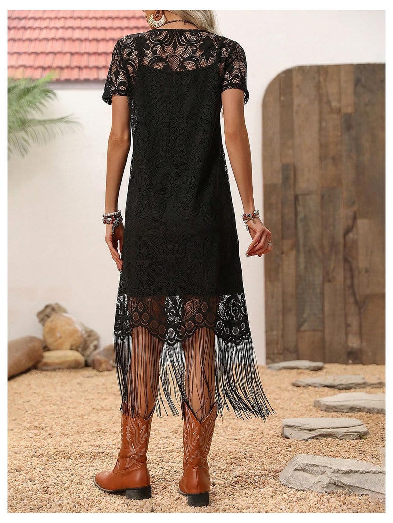 WDIRARA Women's Western Concert 2 Piece Outfits Short Sleeve Sheer Fringe Dress and Cami Dress Set Black X-Large - Image 3