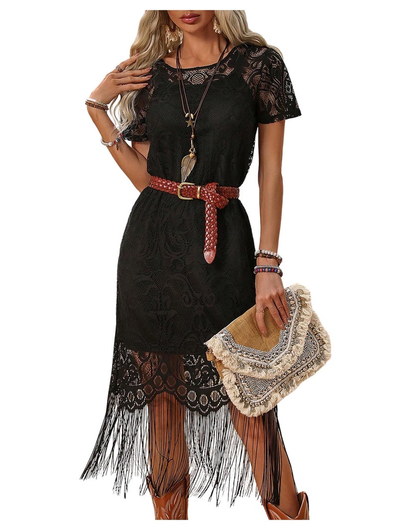 WDIRARA Women's Western Concert 2 Piece Outfits Short Sleeve Sheer Fringe Dress and Cami Dress Set Black X-Large - Image 1