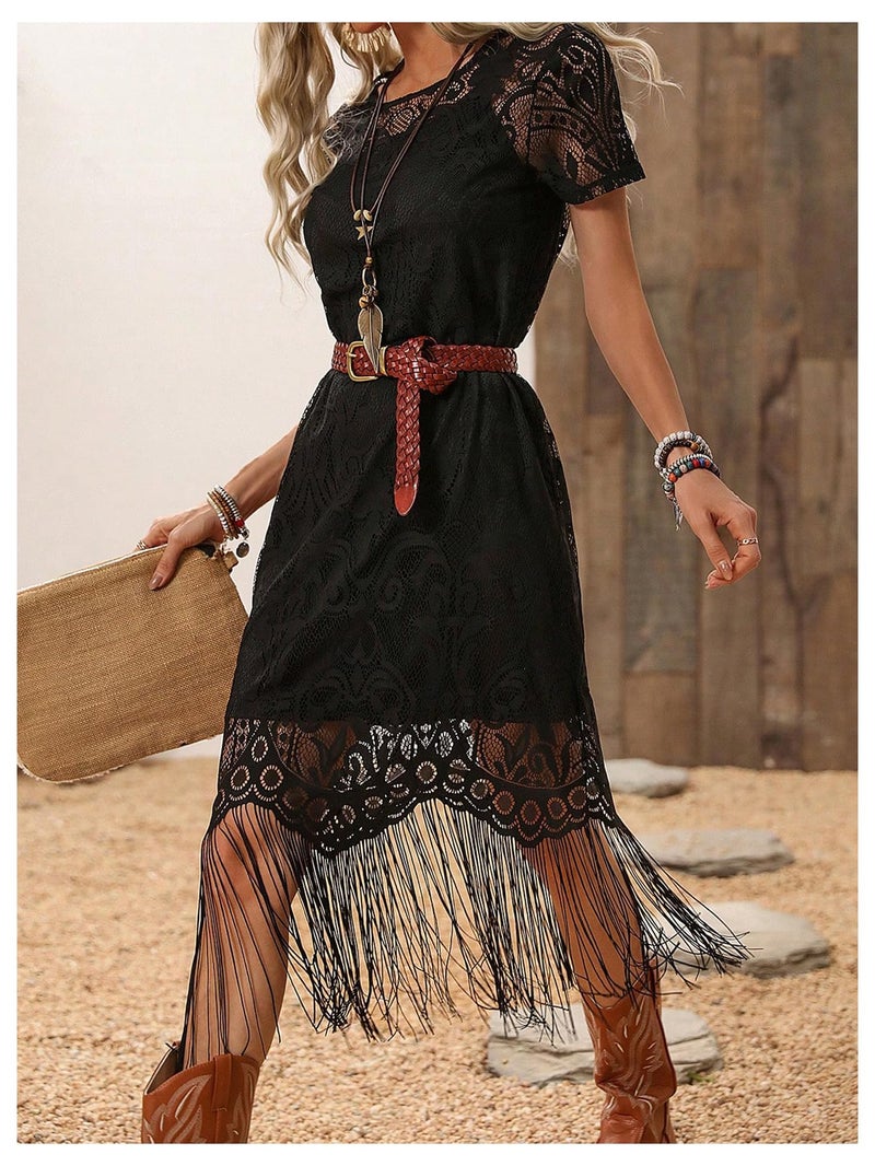 WDIRARA Women's Western Concert 2 Piece Outfits Short Sleeve Sheer Fringe Dress and Cami Dress Set Black X-Large - Image 4