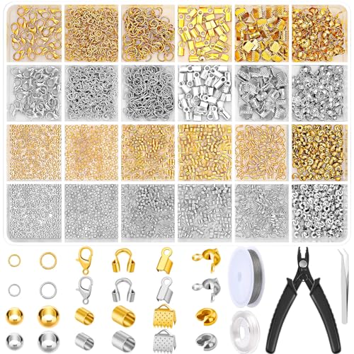 Thrilez 2384Pcs Crimp Beads Supplies for Jewelry Making, Including Crimp Bead Covers, Crimp Tubes, Bracelet Clasps and Closures, Crimp Ends, Jump Rings, Crimping Pliers and Beading Wire for Bracelets Making - Image 1