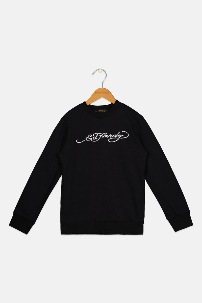 Ed Hardy Kids Boy Crew Neck Long Sleeve Embroidered Logo Sweatshirts, Black - Image 1