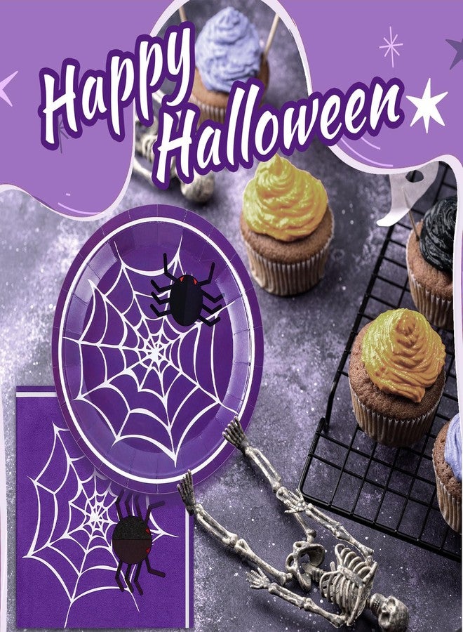 Zhehao 120 Pcs Halloween Disposable Paper Plates and Napkins Bulk Halloween Party Decorations Spiderweb Party Paper Plates Napkins for Birthday Party Favors - Image 3