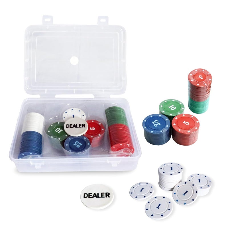 Toyshine طقم 100 قطعة من رقائق البوكر مع صندوق تخزين وزر موزع للعبة البوكر العائلية للعملات للبالغين والأطفال (متعدد الألوان) - Image 1