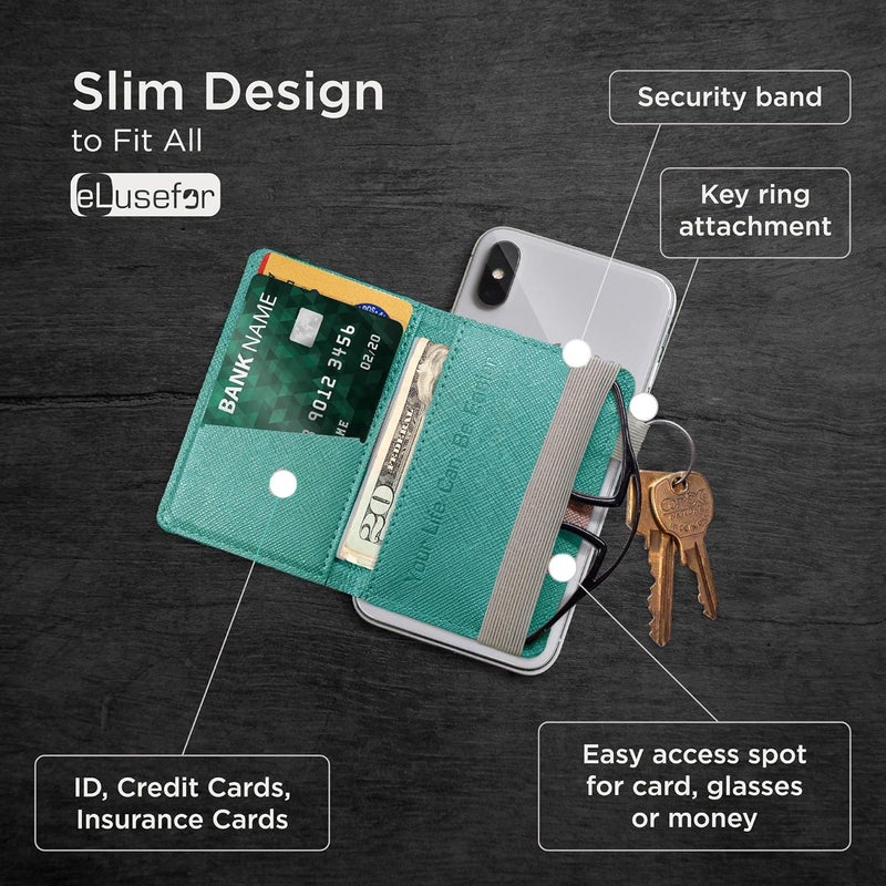 eLusefor Stick-On Phone Wallet for Back of iPhone or Android Case | 6 Sleeve Credit Card Holder - Pocket for Cards, Money & ID - Built-in Stand - Waterproof Material - Travel, Work & Life-Proof - Turquoise - Image 2