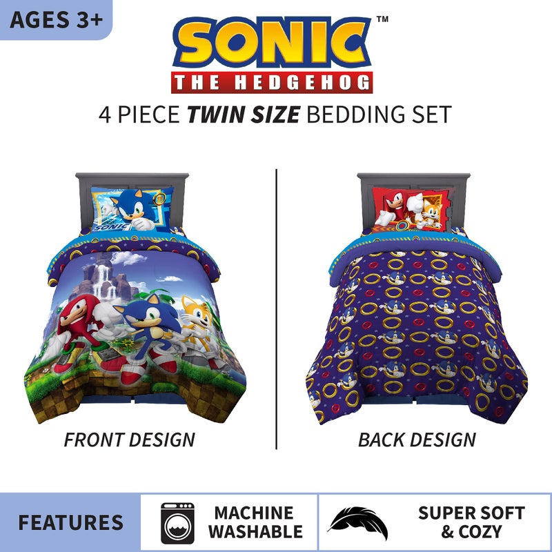 Franco Kids Bedding Super Soft Comforter and Sheet Set, 4 Piece Twin Size, Sonic The Hedgehog, Anime - Image 2