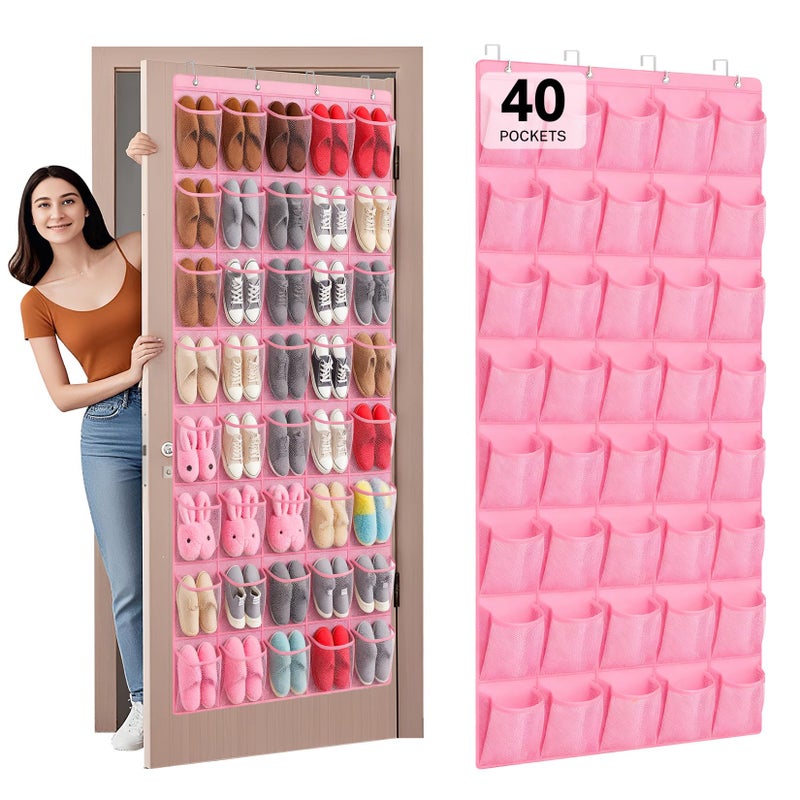 Hualleko 40-Pocket Over the Door Shoe Organizer - Large Mesh Pocket Hanging Shoe Organizer,Behind the Door Shoes Storage Holder Hanger (Pink) - Image 1