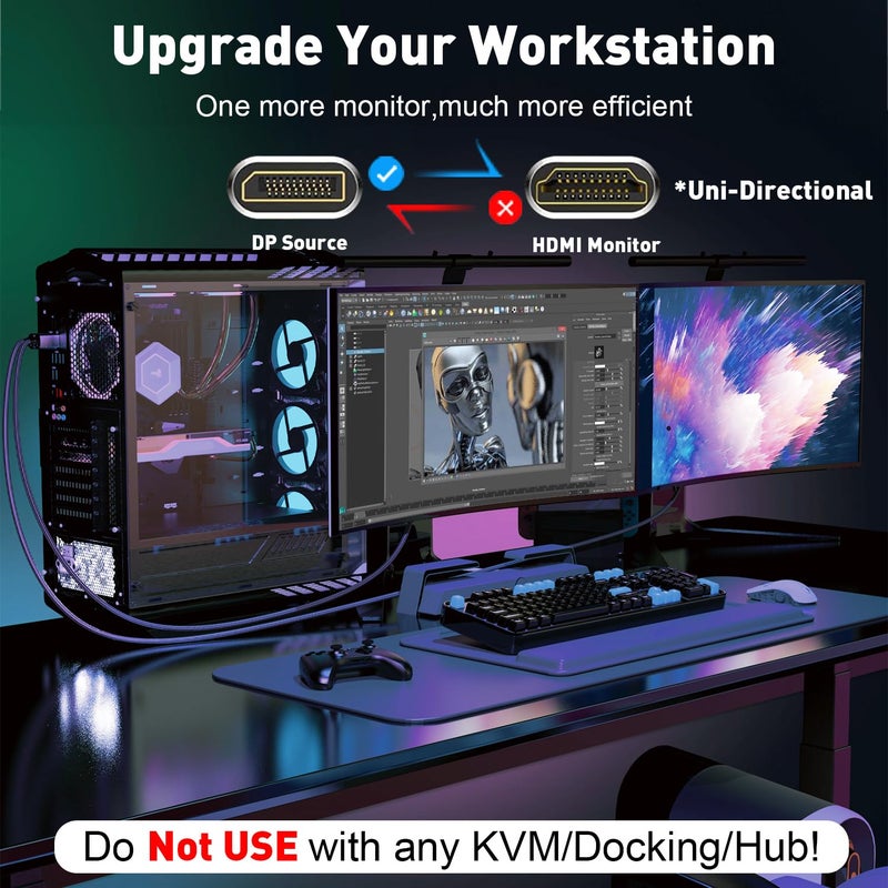 UANTIN 4K DisplayPort to HDMI Cable 6Ft, Uni-Directional Only, DP 1.2 (Source) to HDMI 1.4 (Display), 4K@30Hz, 2K@60Hz, Display Port Braided Cord for AMD, NVIDIA, Dell, Monitor - Image 3