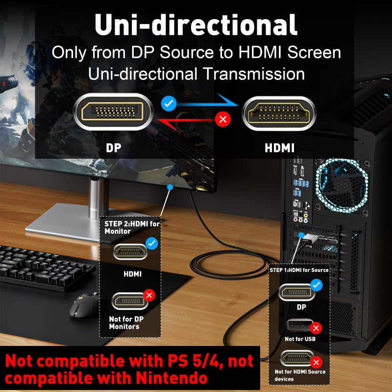 UANTIN 4K DisplayPort to HDMI Cable 6Ft, Uni-Directional Only, DP 1.2 (Source) to HDMI 1.4 (Display), 4K@30Hz, 2K@60Hz, Display Port Braided Cord for AMD, NVIDIA, Dell, Monitor - Image 4