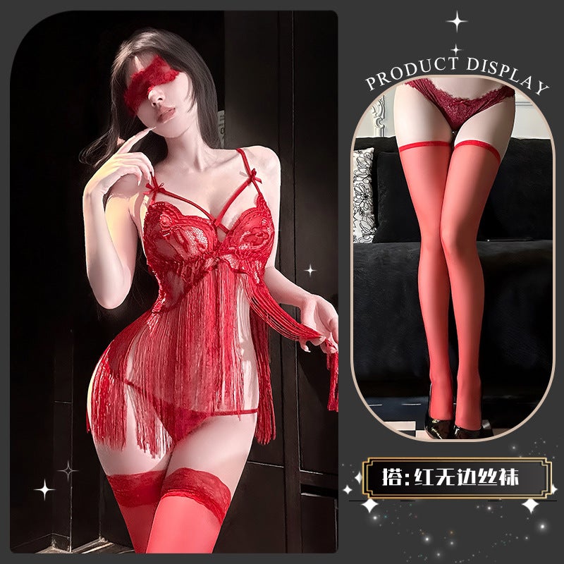 Elegant Lace Hollow-Out Underwear Set with Tassel Details - Stylish Fashion for Women