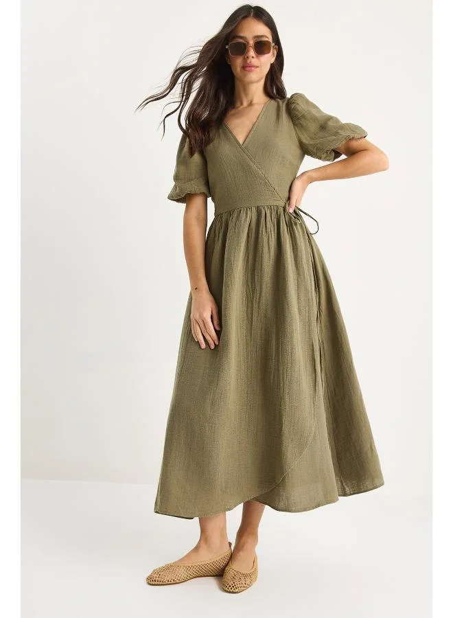 Ginger Puff Sleeve Wrap A Line Dress