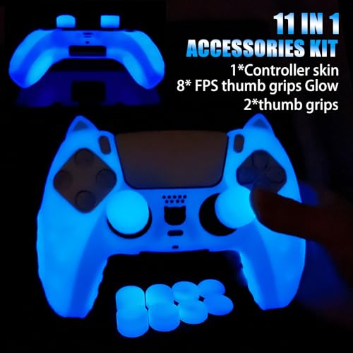 HLRAO Glow in The Dark PS5 Controller Skin,Blue Cute Cat Paw Silicone Cover Skins Compatible with PlayStation 5 Controller,Include 8 PCS Thumb Grips Glow and 2 Cat Paw Grips Caps Accessories. - Image 2