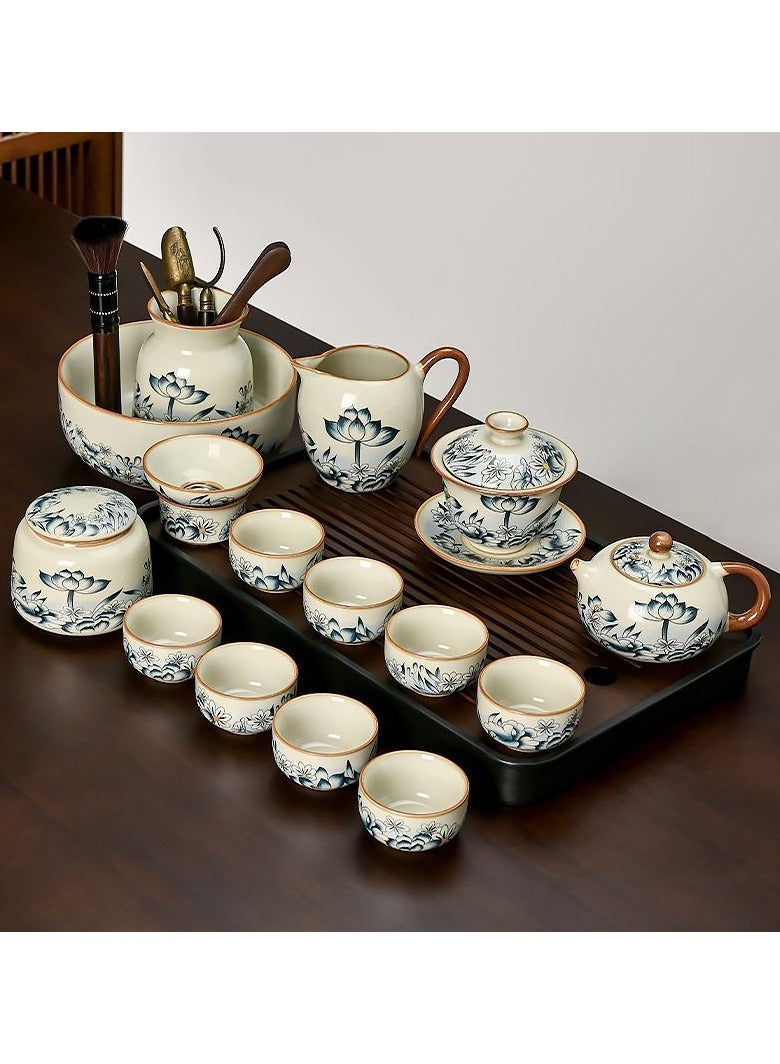 فرن الكونغ فو مجموعة شاي السيراميك المكتب المنزلي الخفيفة الفاخرة الراقية غطاء وعاء الشاي الصيني مجموعة صينية الشاي - Image 1