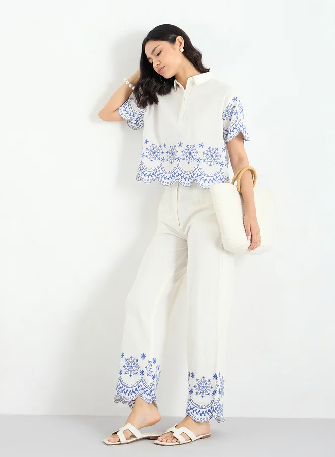 Styli Styli White Embroidered Crop Shirt