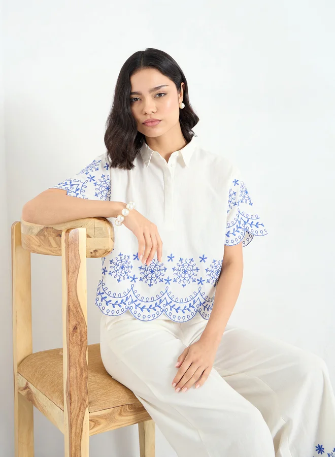Styli Styli White Embroidered Crop Shirt