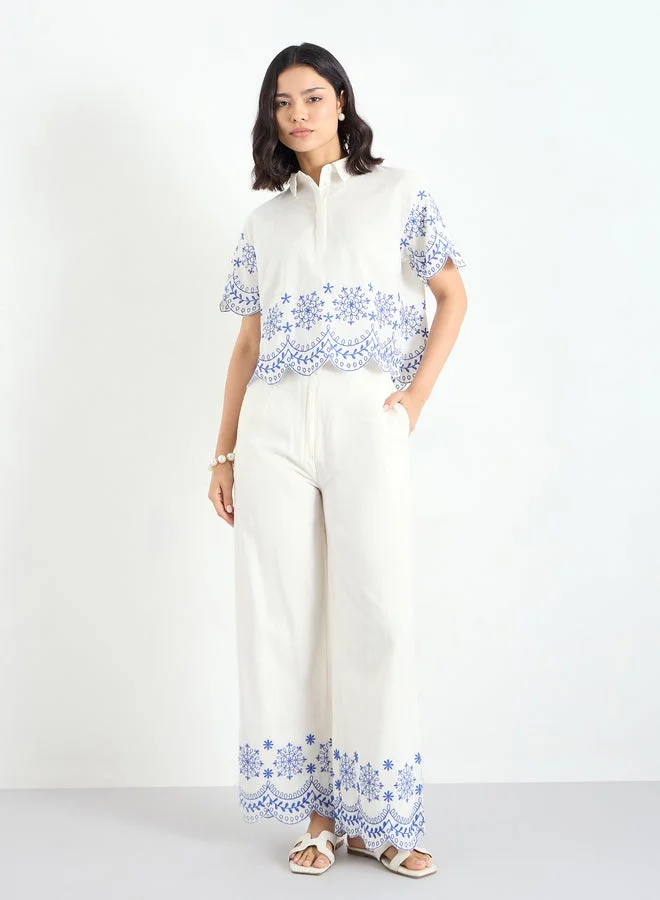 Styli Styli White Embroidered Crop Shirt
