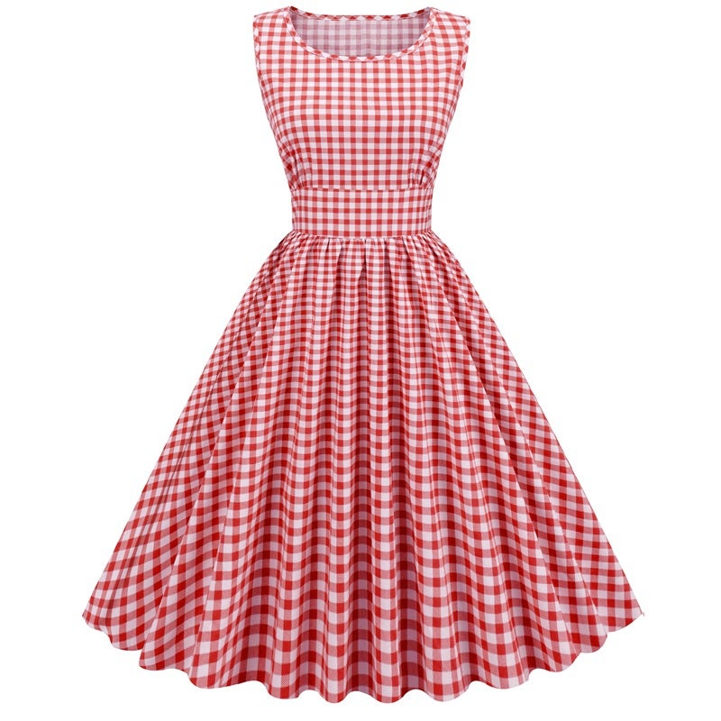 Barbie Pink Grid Spliced Retro A-Line Dress 8014 - Image 1