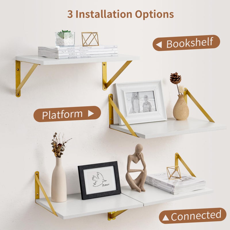 Axeman Deep Floating Shelves for Wall, 12 Inch Deep White and Gold Shelves Set of 2, 16W x 12D White Wood Wall Shelves with Golden Brackets for Bedroom Bathroom Living Room Kitchen - White & Gold - Image 4