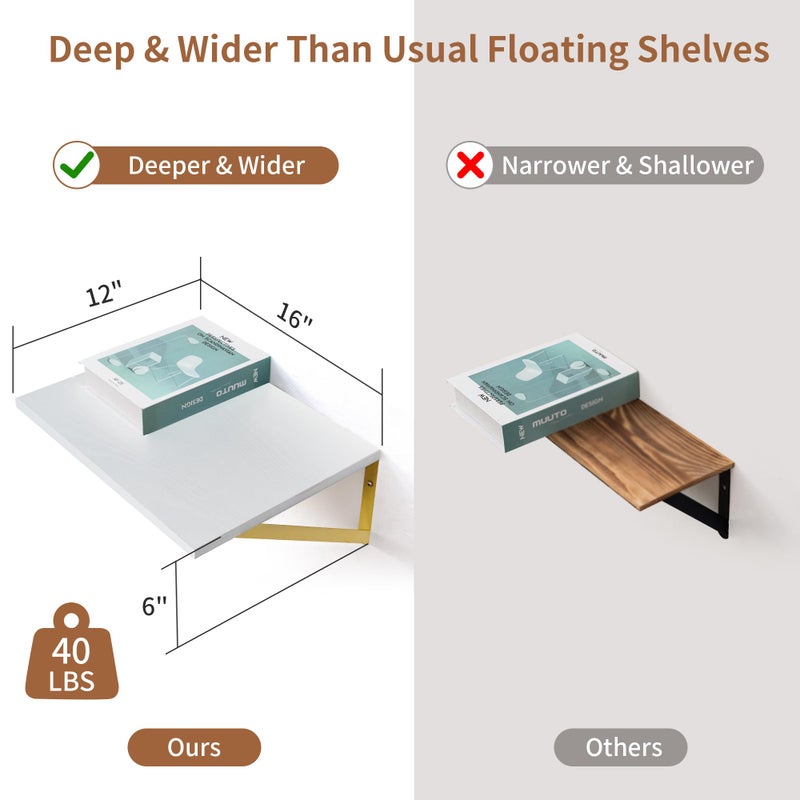 Axeman Deep Floating Shelves for Wall, 12 Inch Deep White and Gold Shelves Set of 2, 16W x 12D White Wood Wall Shelves with Golden Brackets for Bedroom Bathroom Living Room Kitchen - White & Gold - Image 3