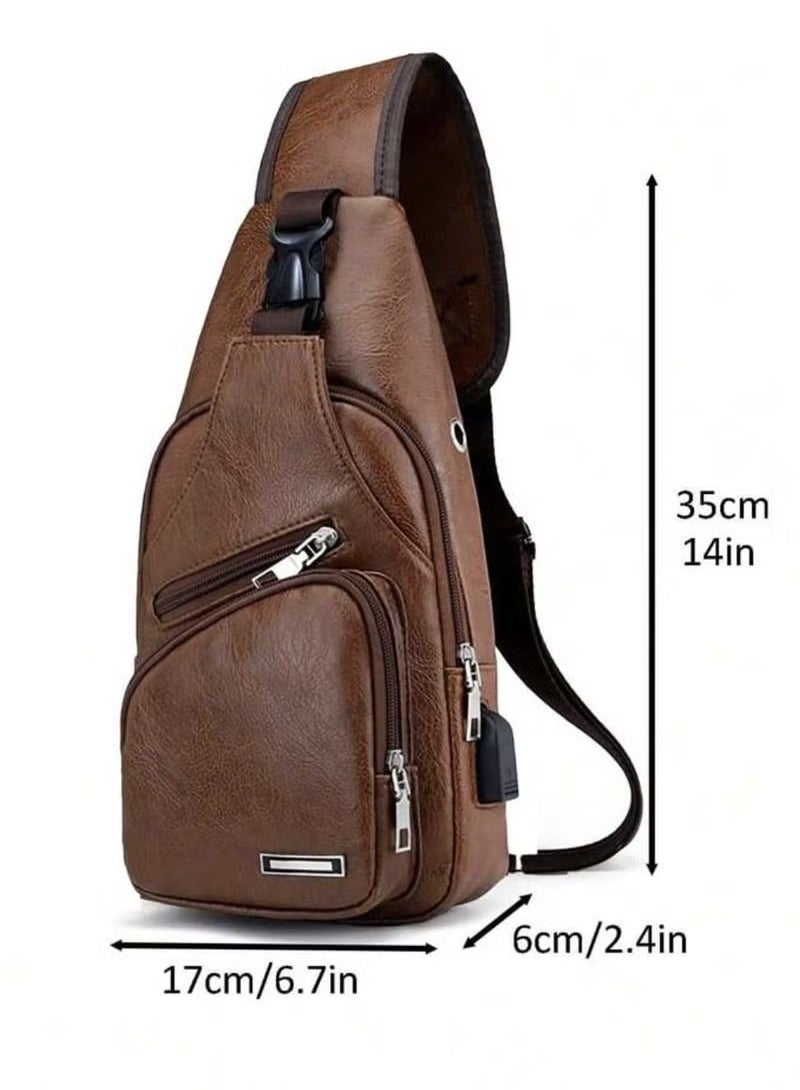 Generic Men's Hanging Bag, Leather Hanging Bag with USB Charging Port Waterproof Multi-Pocket Chest Bag for Men Daily Crossbody Bag  - Image 4