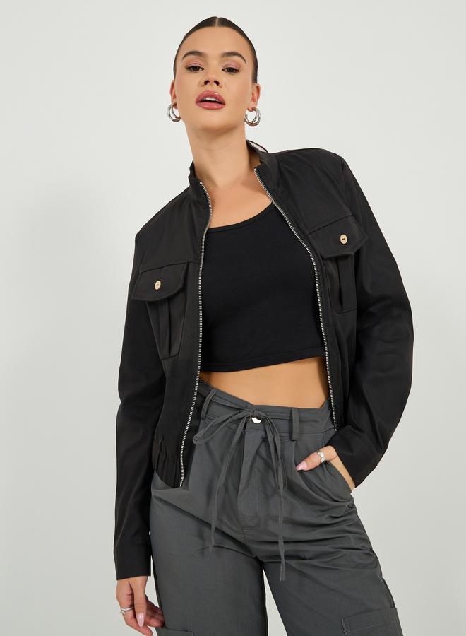 ستايلي جاكيت بسحاب وأكمام طويلة بلون سادة - Image 3