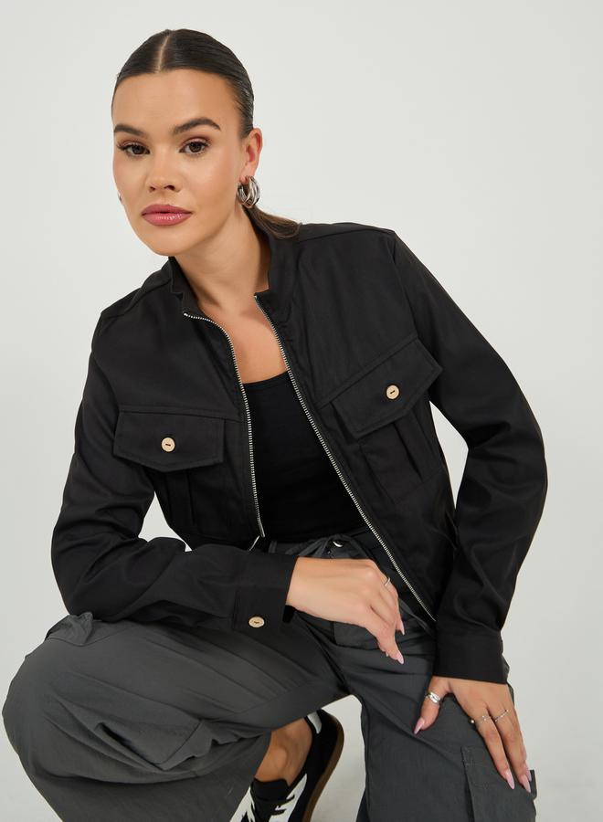 ستايلي جاكيت بسحاب وأكمام طويلة بلون سادة - Image 1