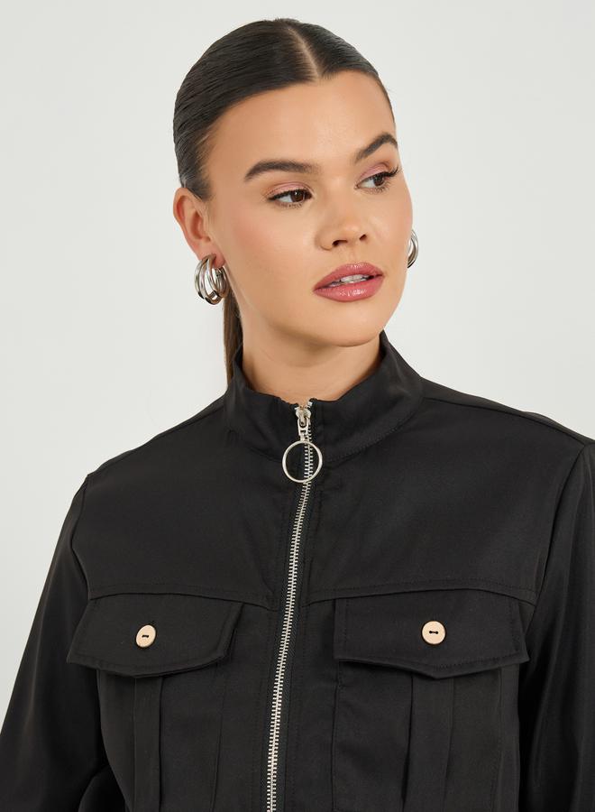 ستايلي جاكيت بسحاب وأكمام طويلة بلون سادة - Image 5