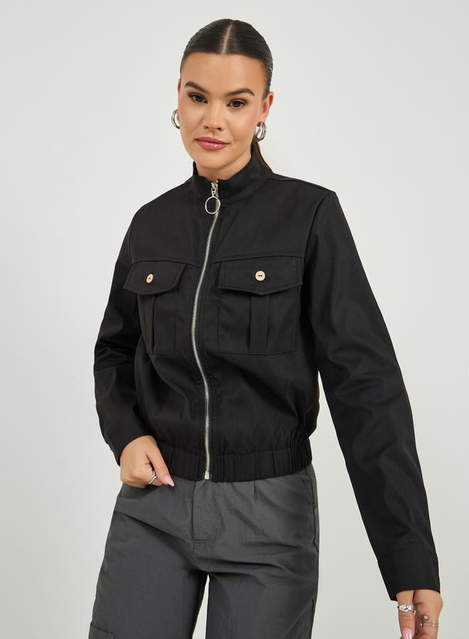 ستايلي جاكيت بسحاب وأكمام طويلة بلون سادة - Image 4