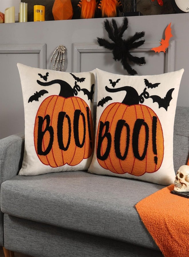 LUOYEHK Halloween Pillow Covers 18x18 Set of 2 Boo Embroidery Throw Pillow Covers Farmhouse Halloween Home Decor Cushion Covers for Couch Sofa Bed - Image 2