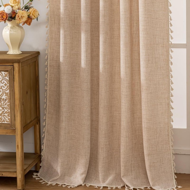 F-CHU Beige Curtains for Bedroom 63 Inches Light Filtering with Beige Tassels Bohemian Farnhouse French Country Drapes Kitchen Window Treatment, Semi Sheer Farmhouse Curtains Rod Pocket 52x63 - Image 3