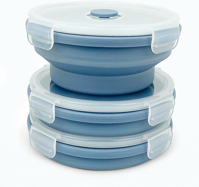 Lunbengo 3piece Collapsible Bowl with Lids Microwave Silicone Meal Prep Lunch Containers Ideal Food Bowls for Snacks Fruits Oatmeal Camping Travel Round Blue - Image 1