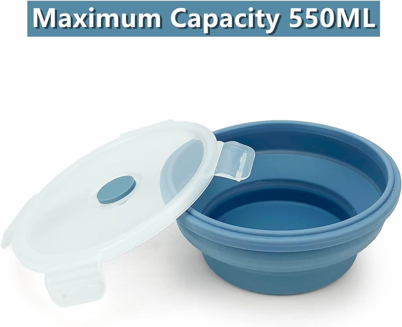 Lunbengo 3piece Collapsible Bowl with Lids Microwave Silicone Meal Prep Lunch Containers Ideal Food Bowls for Snacks Fruits Oatmeal Camping Travel Round Blue - Image 3