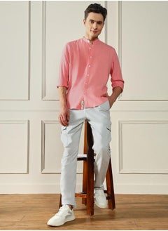 Dennis Lingo Regular Fit Pink Linen Blend Shirt Mandarin Collar  - Image 1
