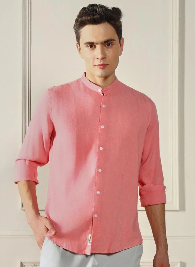 Dennis Lingo Regular Fit Pink Linen Blend Shirt Mandarin Collar