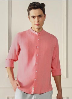Dennis Lingo Regular Fit Pink Linen Blend Shirt Mandarin Collar  - Image 3