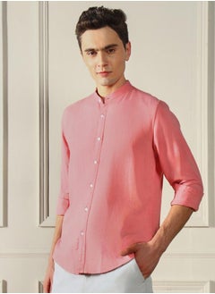 Dennis Lingo Regular Fit Pink Linen Blend Shirt Mandarin Collar  - Image 5
