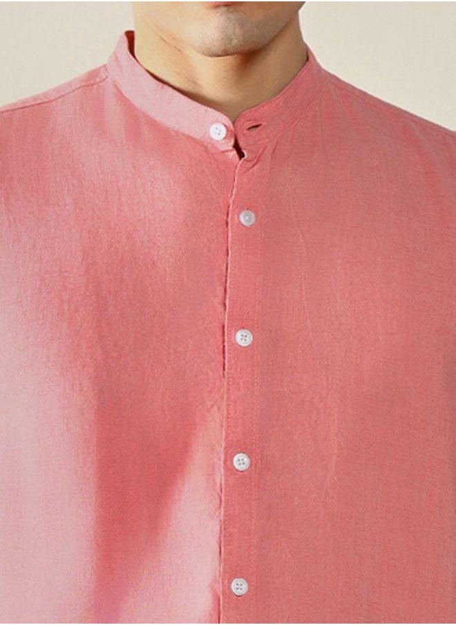 Dennis Lingo - Regular Fit Pink Linen Blend Shirt Mandarin Collar - Image 1