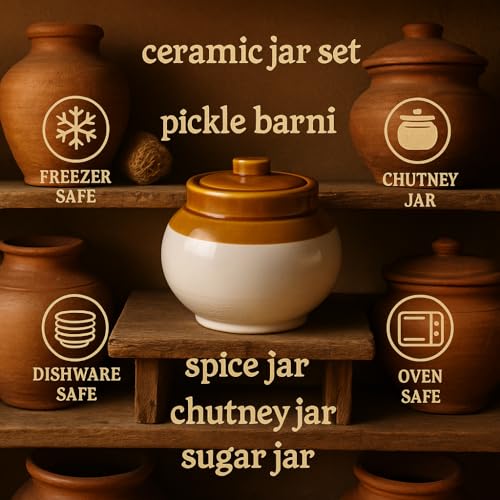 Kunhar Ceramic Jars (1200ML) – Handcrafted Multipurpose Barni with Lid for Pickle, Chutney, Spices, Salt, Sugar – Kitchen Storage Containers, White Espresso - Image 5
