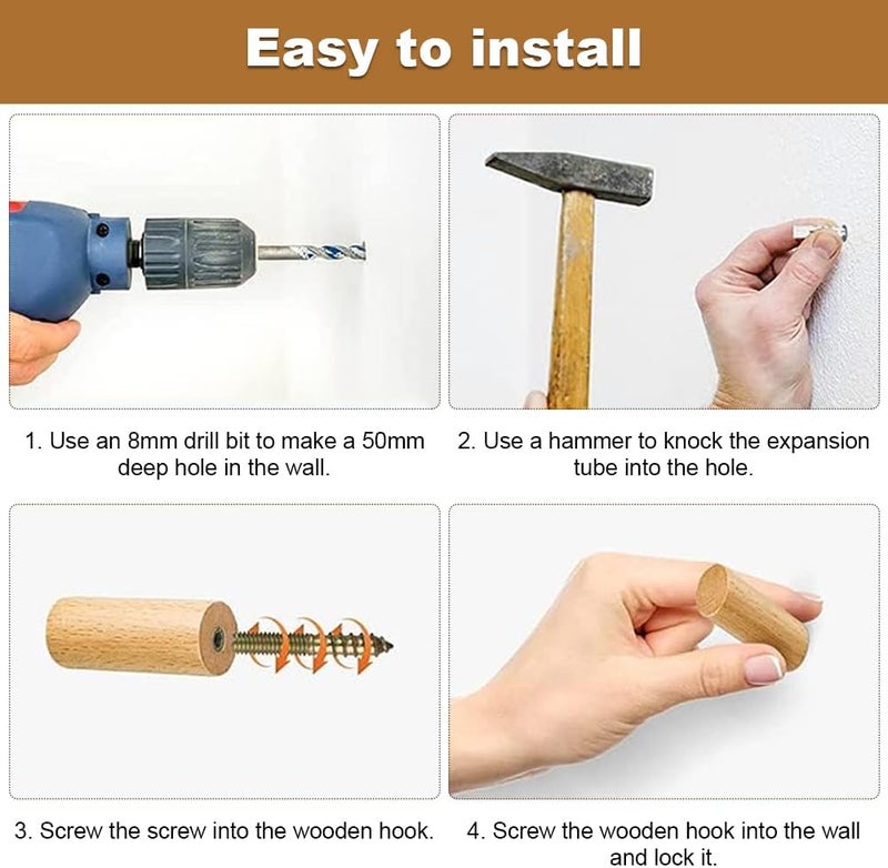 7 Pack Wooden Coat Hooks Wall Mounted Hat Hooks with Screws for Clothes Towels - Image 3