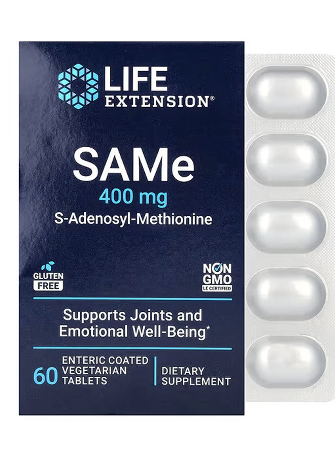 Life Extension SAMe S-Adenosyl-Methionine 400 mg 60 Enteric Coated  Vegetarian Tablets 